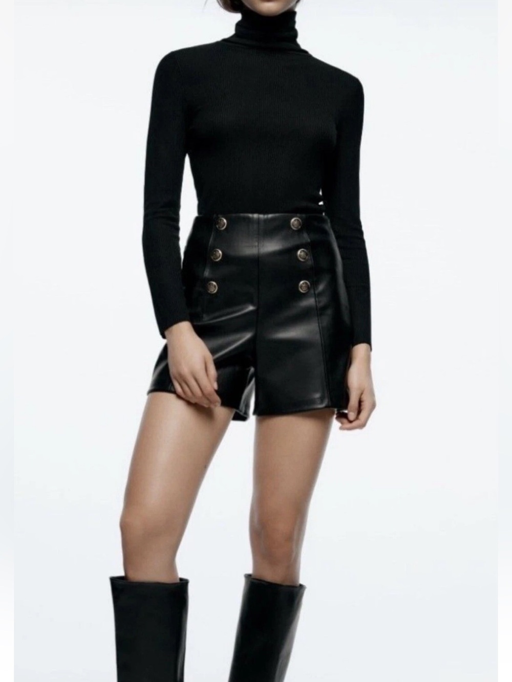Zara High Waisted Metal Button Faux Leather Shorts Black